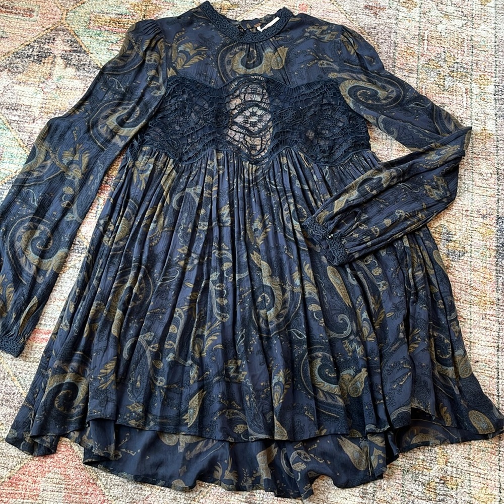 Free People Sweet Thing Long Sleeve Cutout Back Crochet Babydoll Tunic Dress M